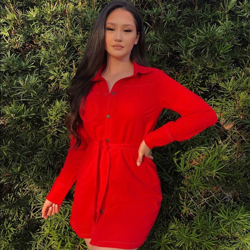 red mini button down dress